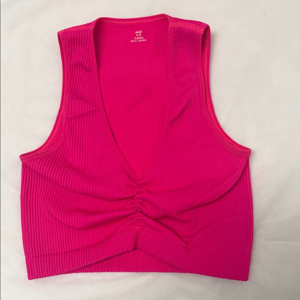 aerie Bright Hot Pink Ribbed V-Neck Cinched Crop Tank
